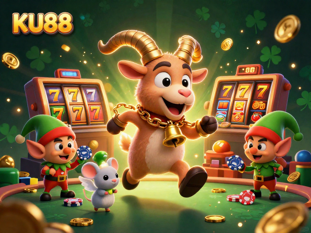 KU88 slots casino scene featuring a Krampus goat, angel mouse, and gremlins amidst dynamic gaming action.