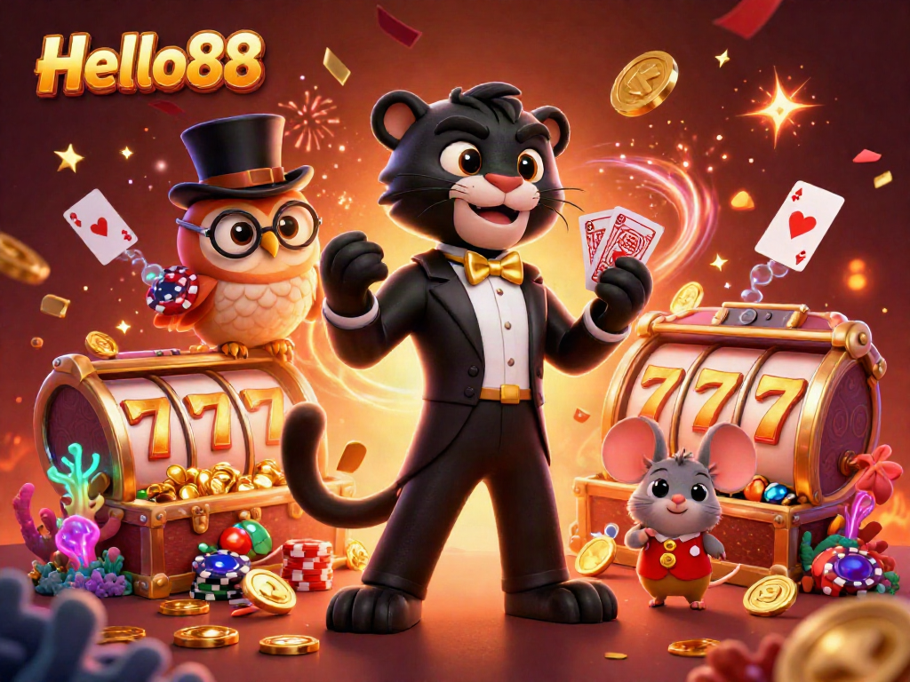 Engage with Hello88's vibrant casino atmosphere surrounded by characters and game elements.