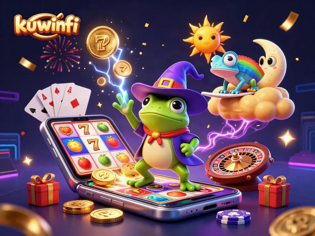 Kuwinfi showcases a vibrant 3D illustration of a weather wizard frog and chameleon amidst a storm of golden coins.