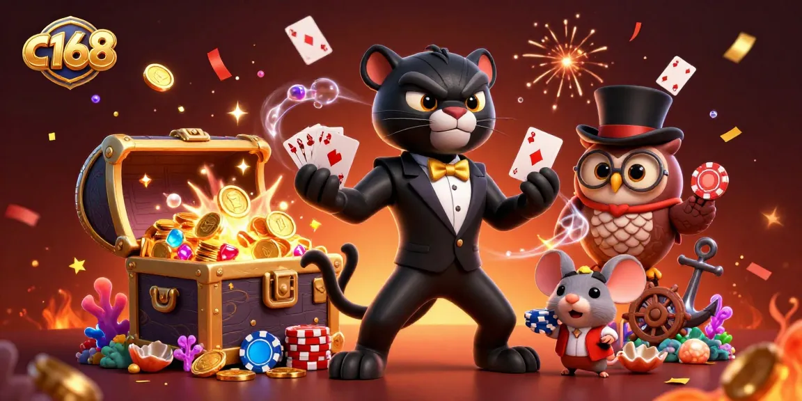 Experience the excitement at c168 with a stylish panther dealing cards and an owl with poker chips.