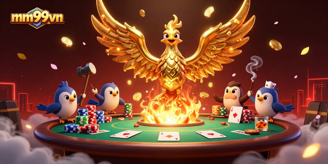 Experience thrilling gameplay with mm99vn as a golden phoenix unleashes winnings in a casino scene