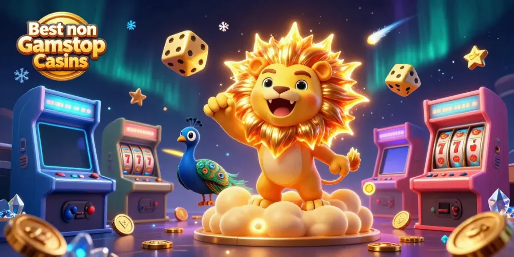 Experience the excitement of Best non Gamstop Casinos with a roaring lion and dynamic casino elements.