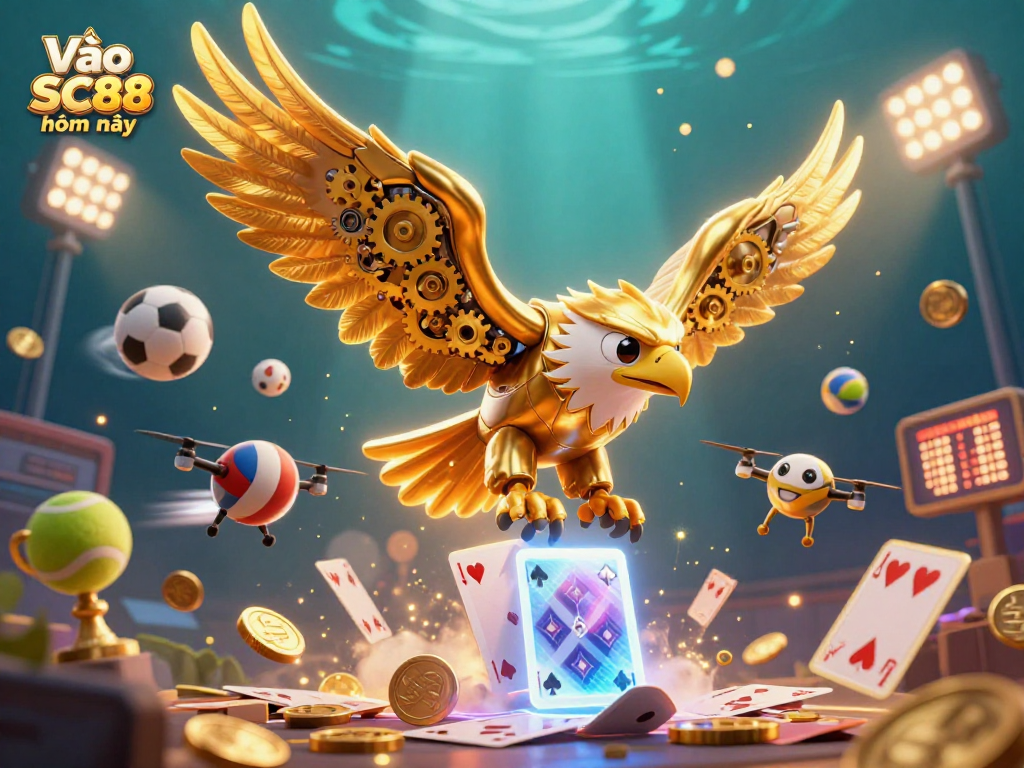 Play exciting games at Vào SC88 hôm nay with a dynamic 3D illustration featuring sports elements and golden eagle.
