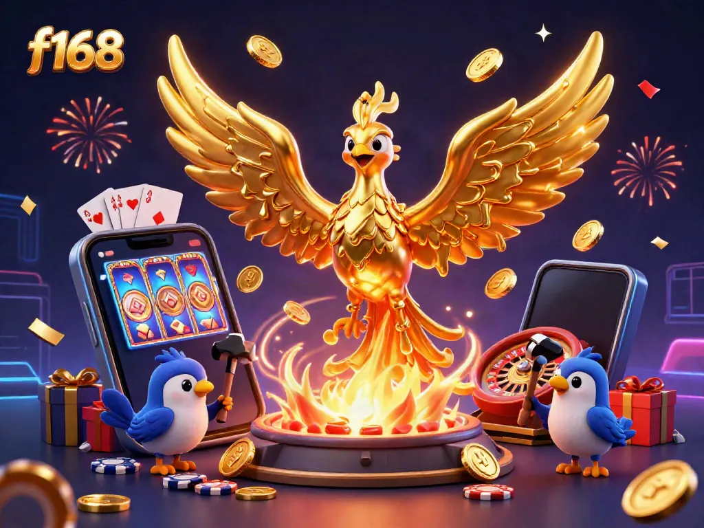 Experience the excitement of f168 with a molten phoenix and dynamic casino elements in this vibrant illustration.
