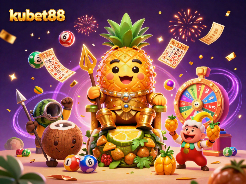 Engage in the vibrant kubet88 casino experience with the golden pineapple king amidst a dazzling array of games.