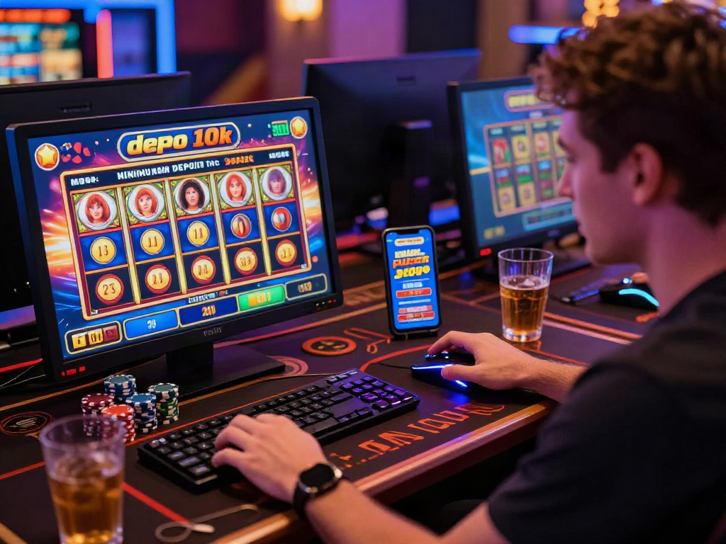 Player engaged in slot depo 10k game, colorful reels, inviting atmosphere.