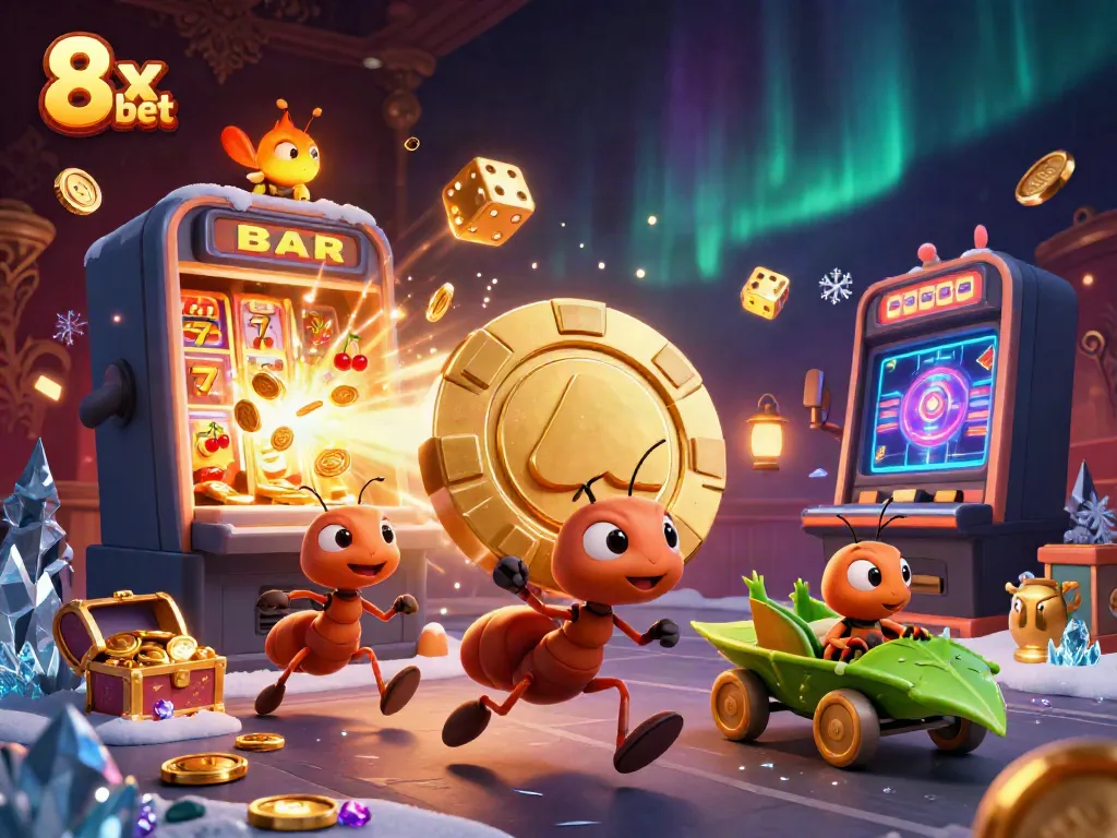 Experience thrilling moments with 8x bet in a vibrant heist scene featuring cartoon ants and casino elements.