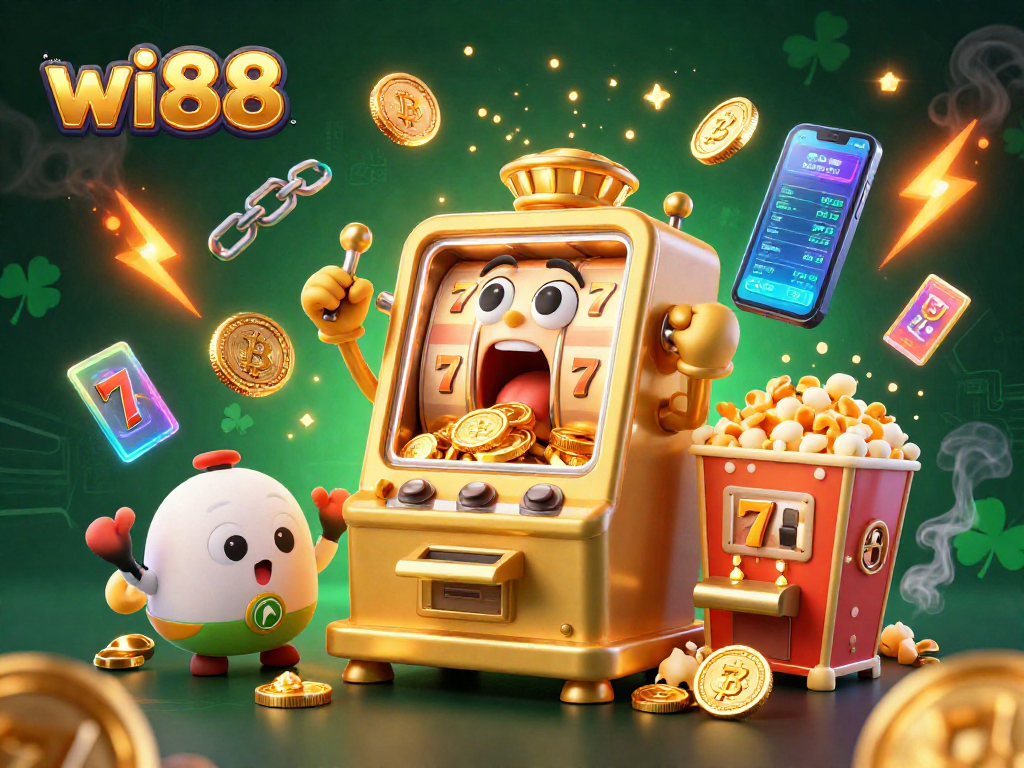 Engage with wi88 as a golden slot machine hits a jackpot amidst cheering baby slots.