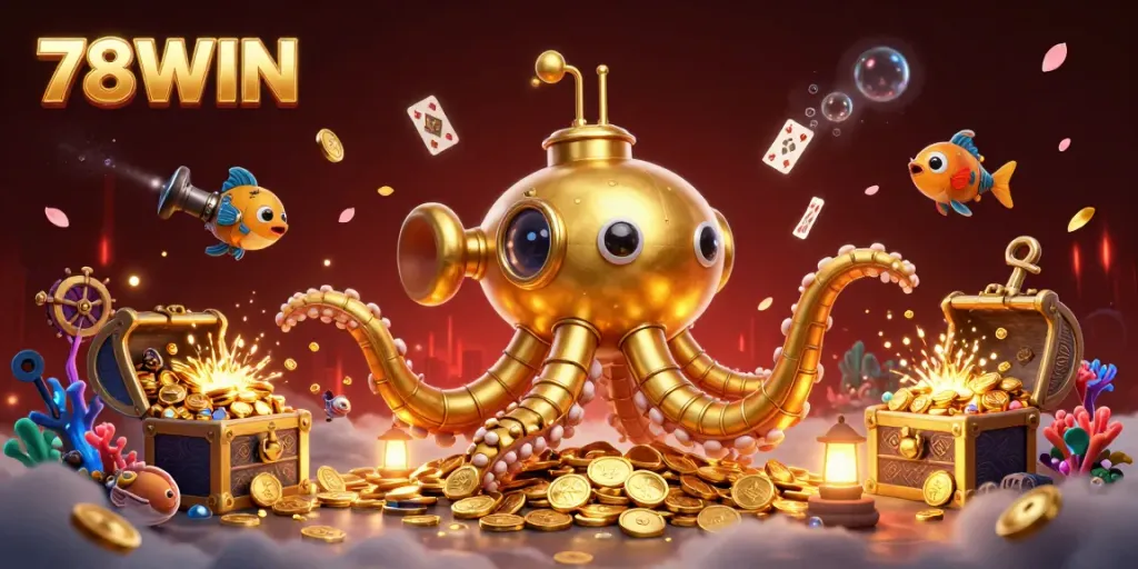 Experience thrill with 78WIN's golden kraken submarine amidst treasures, a striking casino-themed illustration.
