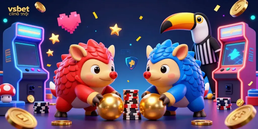 Experience the thrill of gaming with vsbet chính thức through vibrant 3D illustrations of exciting casino-related activities.