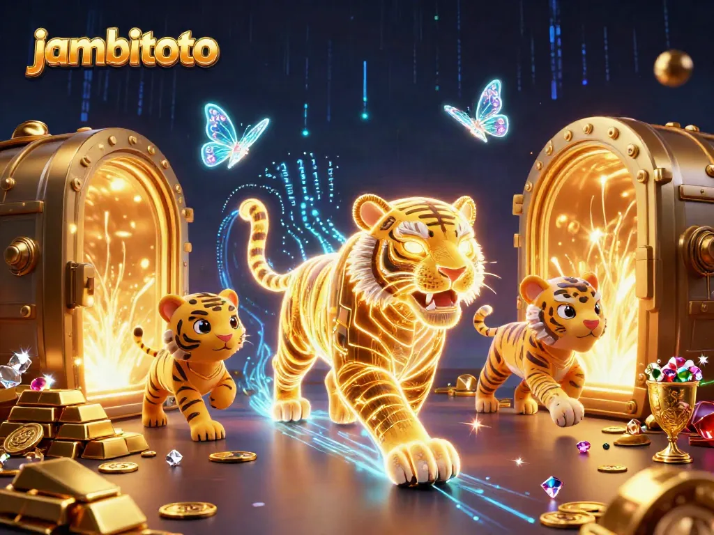 Experience jambitoto's vibrant digital casino scene with golden tiger and treasure elements.