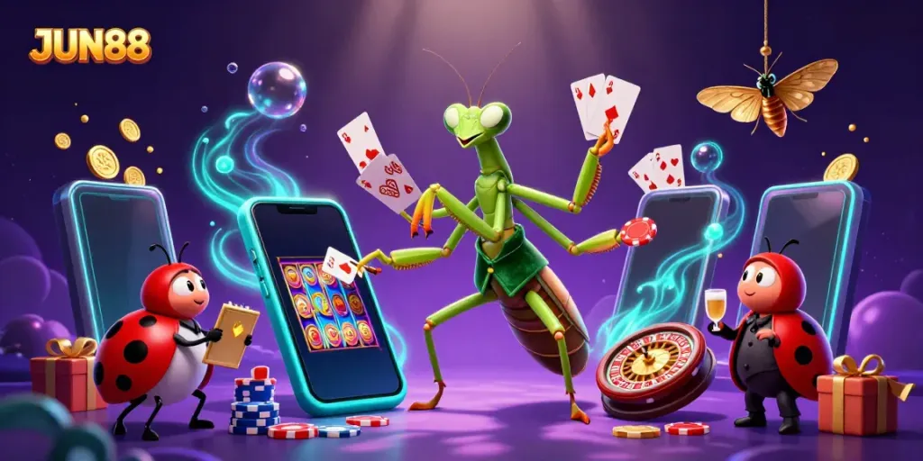 Experience the excitement of JUN88 with a dynamic casino scene showcasing vibrant games and rich visuals.
