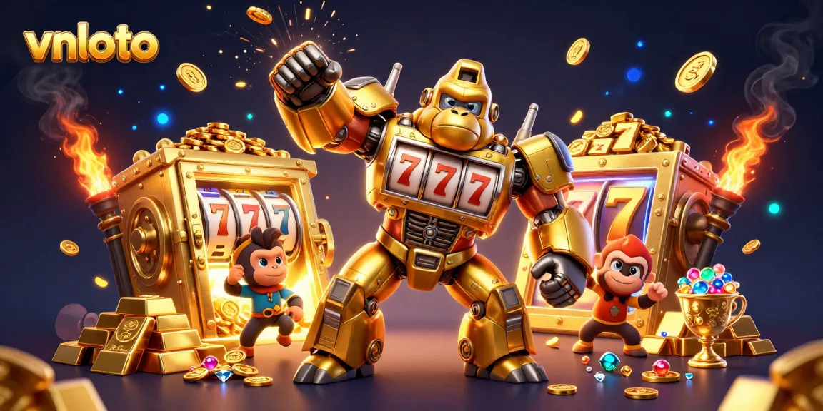 Experience thrilling gameplay with vnloto as the golden gorilla mech battles for jackpots amidst sparkling treasures.