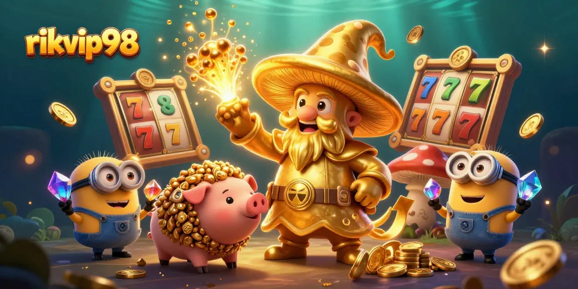 Experience exciting slot action at rikvip98 with a magical golden mushroom wizard amid dynamic treasures.