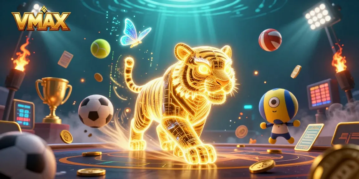 Bet big with VMAX, where the neon-lit tiger represents winning energy in a vibrant digital casino scene.