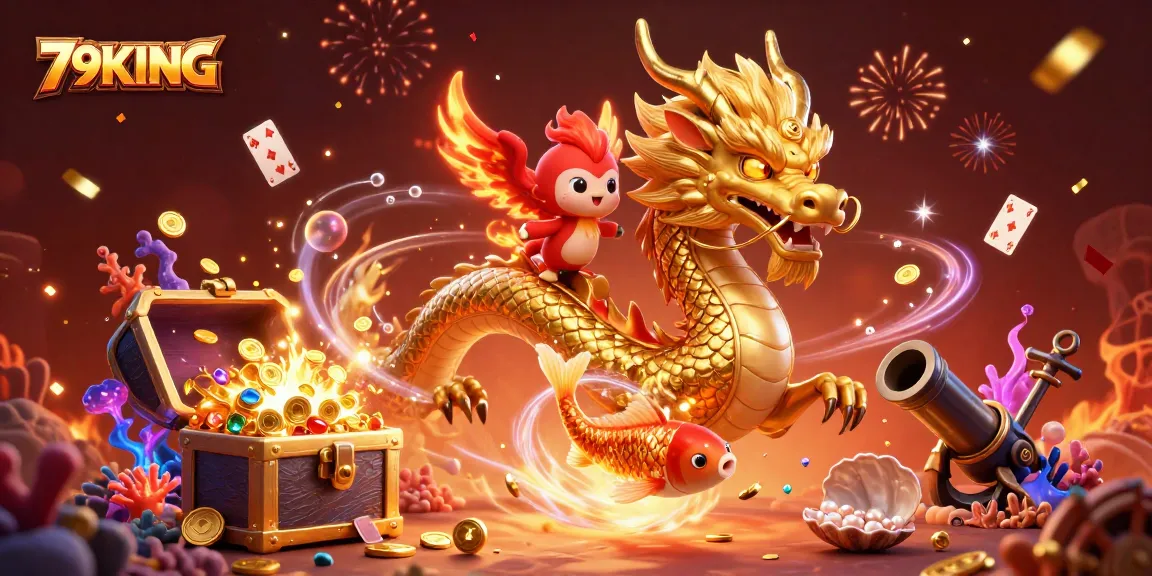 Experience the thrill of 79KING with a dynamic 3D dragon and phoenix amidst casino excitement.