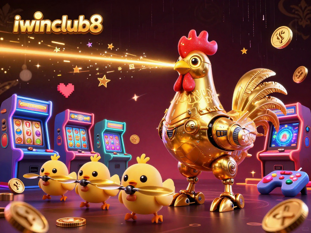 iwinclub8 features a golden rooster robot surrounded by colorful arcade game elements in a dynamic casino scene.