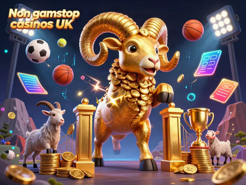 Engage in thrilling experiences at Non gamstop casinos UK featuring a golden ram charging through a vibrant casino scene.