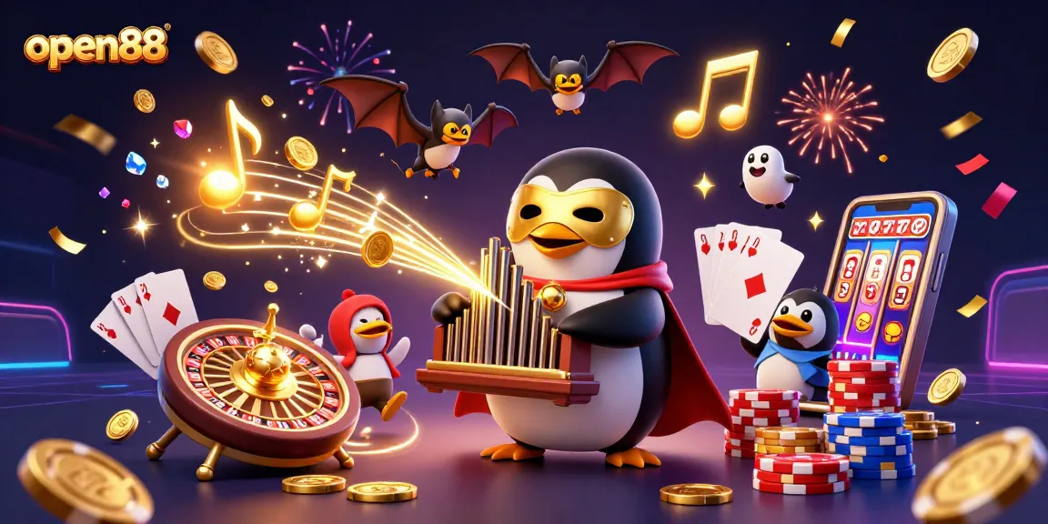 open88 casino action featuring a phantom opera penguin playing an organ with golden coins