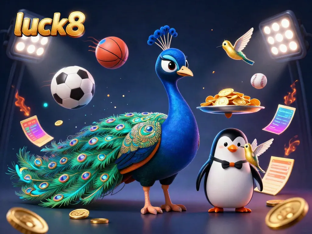 Experience luck8 with a lively peacock, penguin, and hummingbird amidst gold and sports elements.