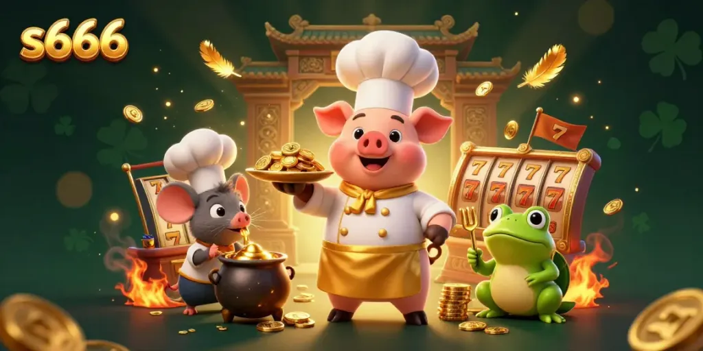 Experience thrilling casino action with s666 as a pig chef serves golden coins at a slot-themed feast.