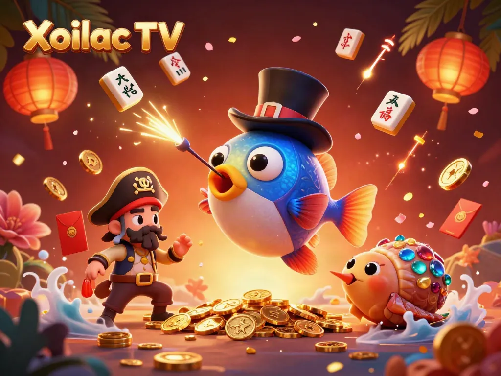 Xoilac TV showcases a vibrant 3D illustration of underwater characters celebrating with gold coins and mahjong.