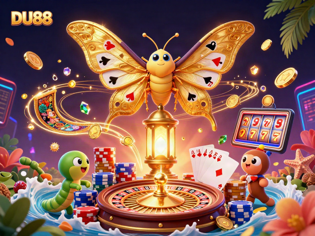 Engage in lively gaming adventures with DU88, showcasing vibrant casino elements and golden treasures.