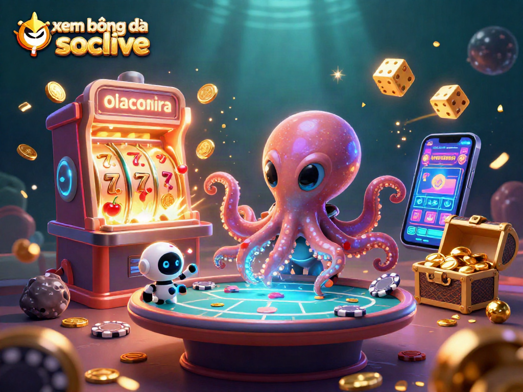 xem bóng đá socolive showcases a vibrant 3D casino-themed illustration with lively characters and dynamic games.