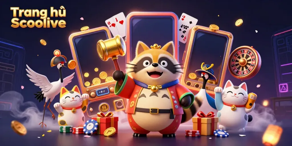 Experience thrilling slots with Trang chủ Socolive in a vibrant, lively scene featuring lucky tanuki and fortune cats.