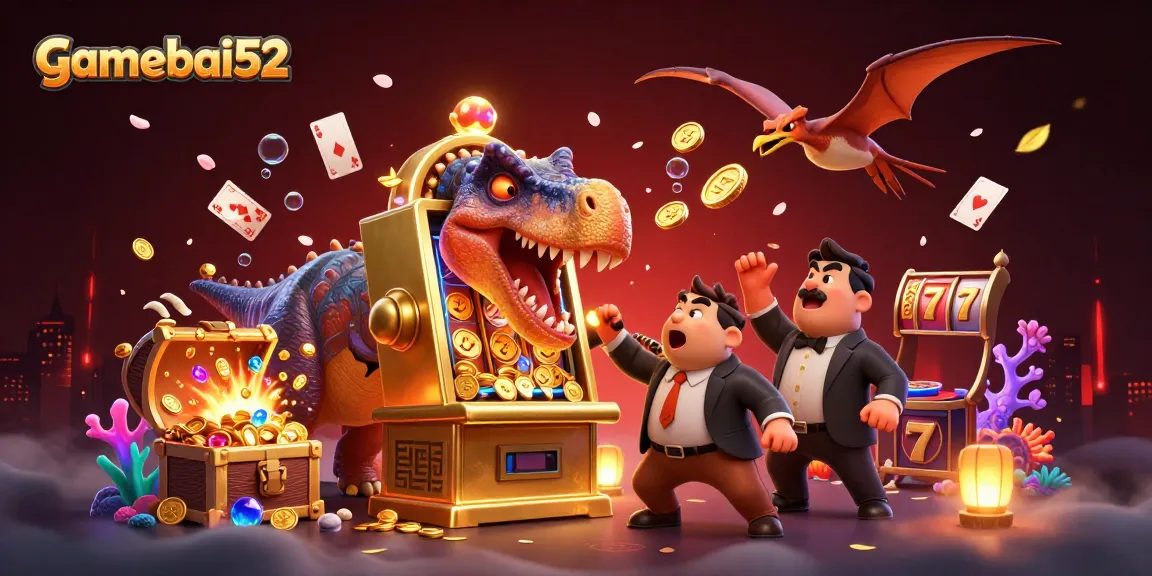 gamebai52 mascot illustrates excitement as a dinosaur wins a jackpot at a golden slot machine