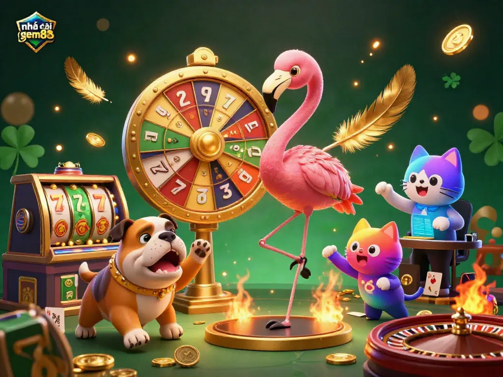 Experience the excitement at nhà cái gem88 with vibrant characters and dazzling casino elements in a rich, animated scene.