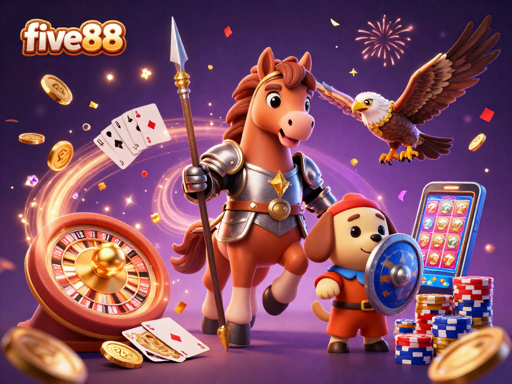 Experience exciting gameplay with five88 slots as golden coins and gems cascade around characters.