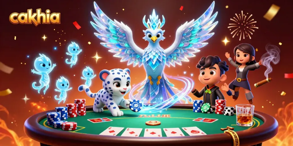 Experience Cakhia with a magical scene of an ice phoenix and poker elements in vibrant colors.