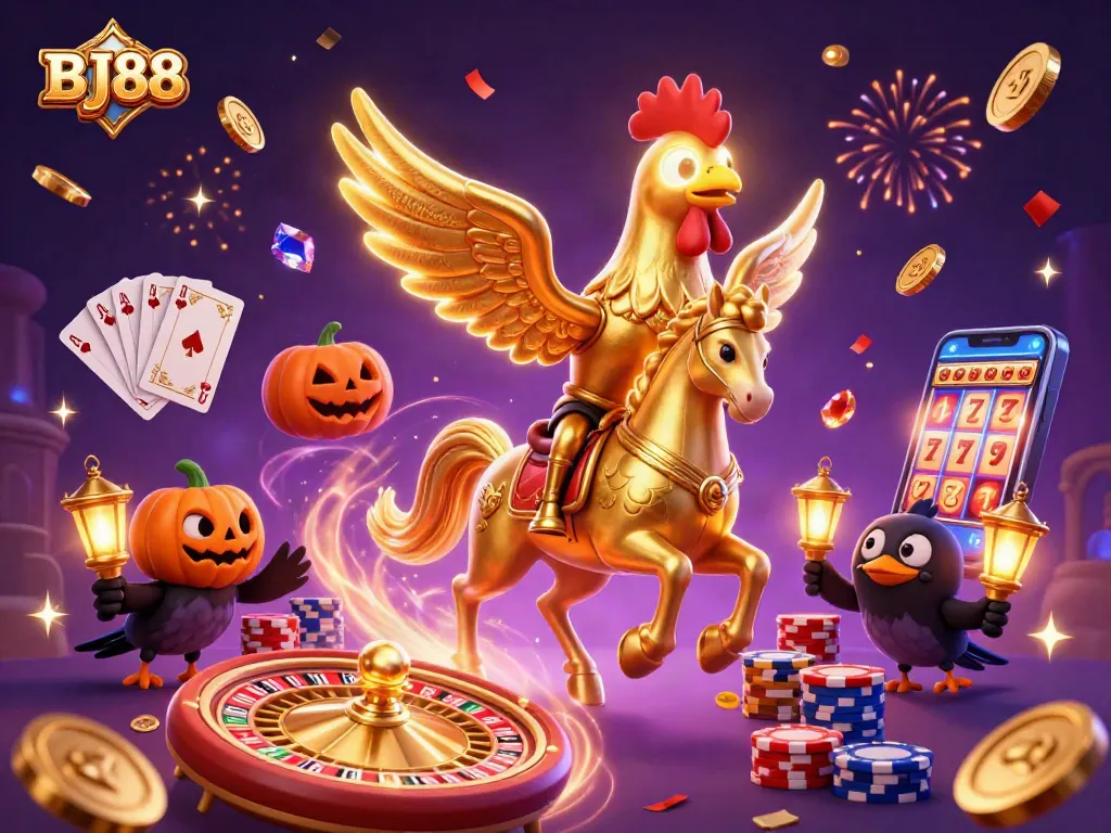 BJ88 features an energetic casino scene with a golden rooster and crow companions illuminating the night.