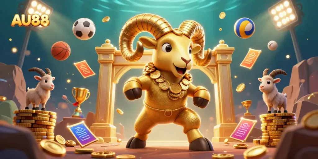 Experience thrilling gameplay at AU88 with a 3D golden ram charging through a vibrant casino scene.