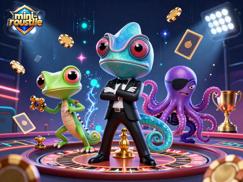 Engage with the thrilling dynamics of mini-roulette featuring a colorful chameleon and tech-savvy companions.