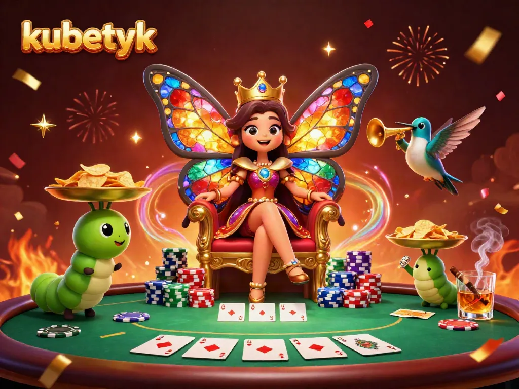 Experience vibrant gameplay at kubetyk with a cartoon butterfly queen in a captivating casino scene.