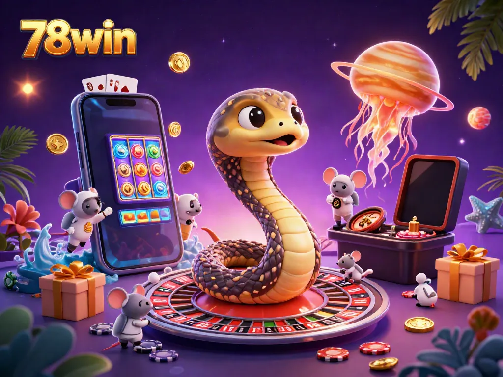 Experience the thrill of 78win with a cosmic roulette game featuring a Saturn ring snake and astronaut mice placing bets.