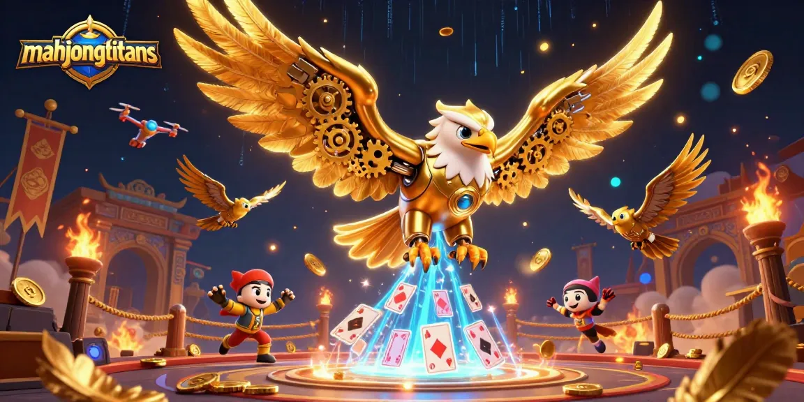 Engaging scene depicts mahjongtitans with a golden eagle amidst holographic playing cards in a dynamic casino setting.