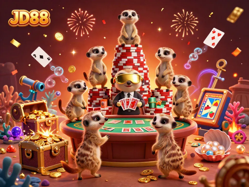 Experience JD88's vibrant casino with meerkats managing games, surrounded by treasures and exciting decorations.