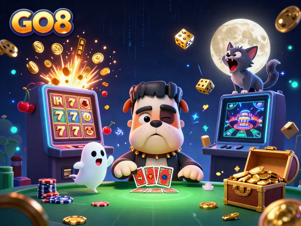 GO8 attracts players at a vibrant casino illustrating games, winnings, and a lively atmosphere.