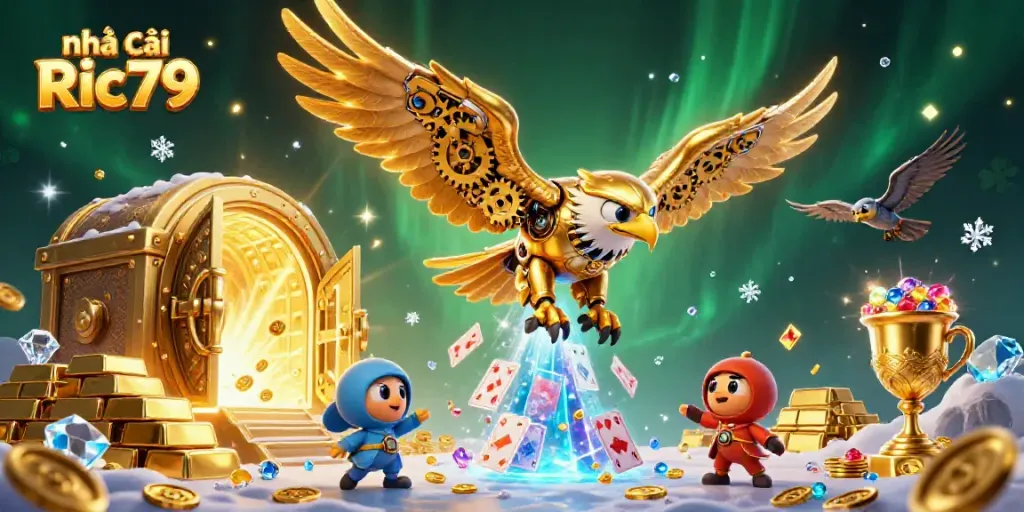 Engage with Nhà cái Ric79 as a golden eagle soars through holographic cards amidst treasures.