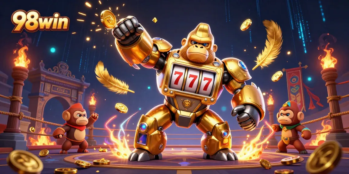 Engage in thrilling gameplay at 98win with a dynamic 3D casino scene featuring slot machine elements.