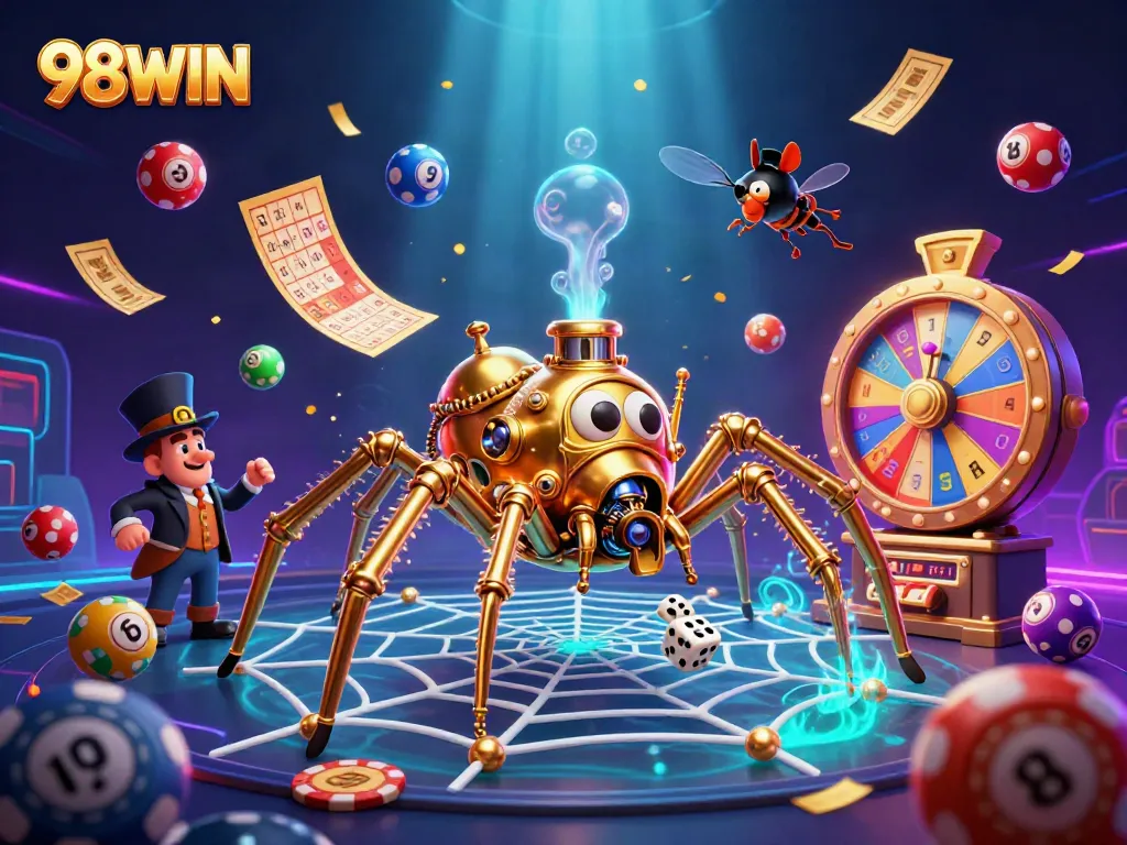 Engage with 98WIN in a vibrant casino scene featuring dynamic characters and captivating gambling elements.