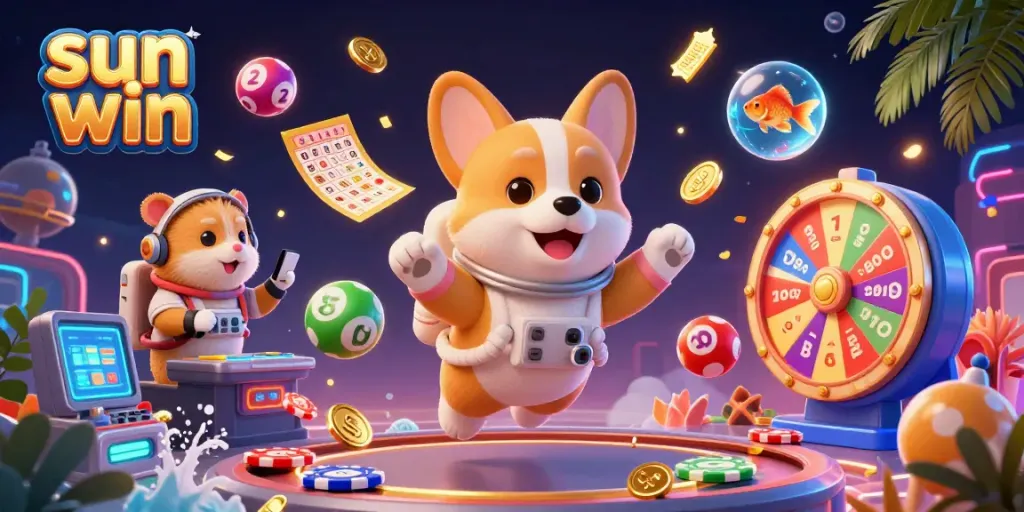Engage with exciting gameplay in the sun win casino scene, featuring a corgi astronaut and vibrant lottery dynamics.