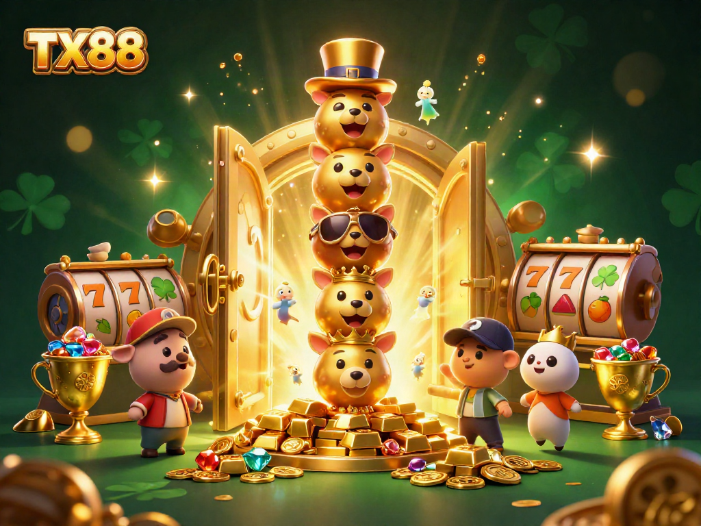 Adventure with TX88 at the casino featuring a golden totem, slot reels, and treasure.