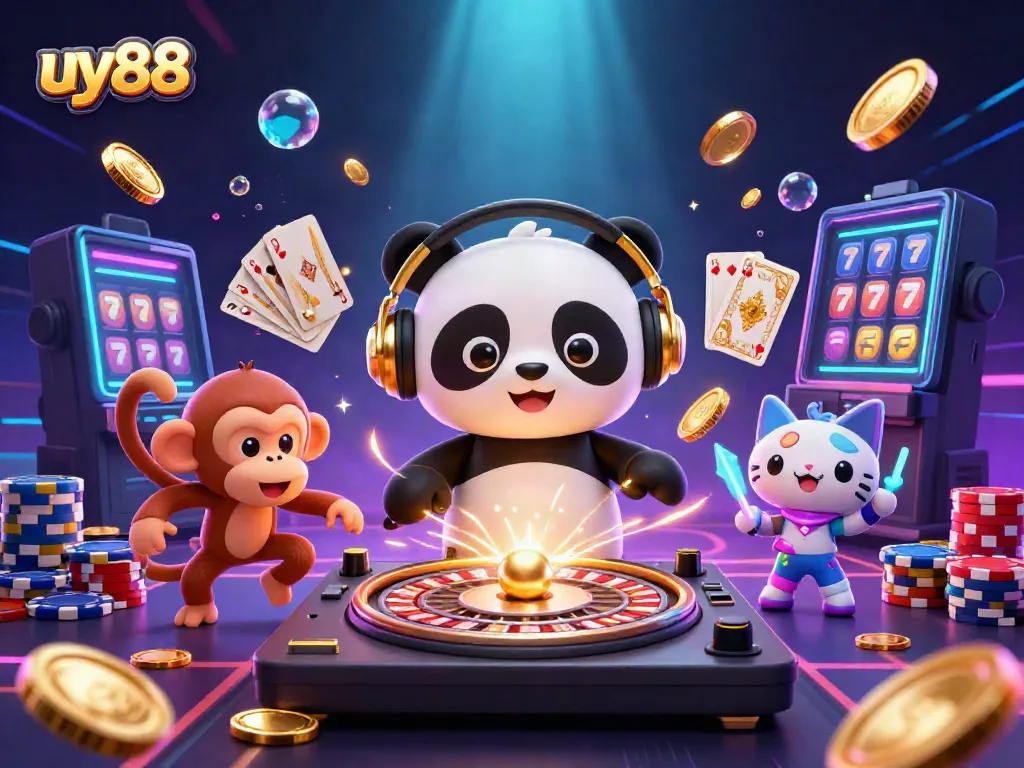 Experience exciting wins at uy88 with 3D cartoon characters amidst a vibrant casino scene.