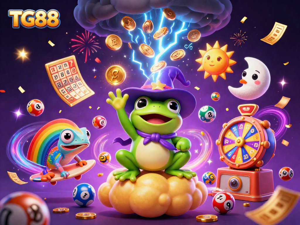 Experience exhilarating fun with TG88 as a weather wizard frog conjures golden coins amidst a vibrant celebration.