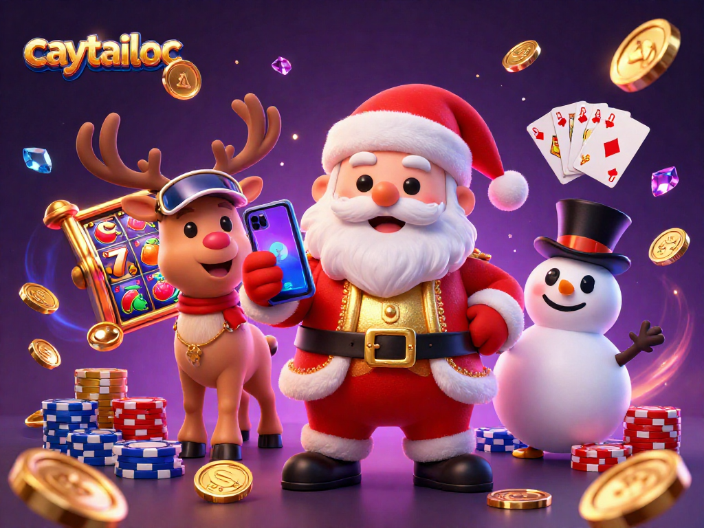 Hit jackpots in caytailoc with festive characters celebrating amidst vibrant slot reels and rich casino elements.