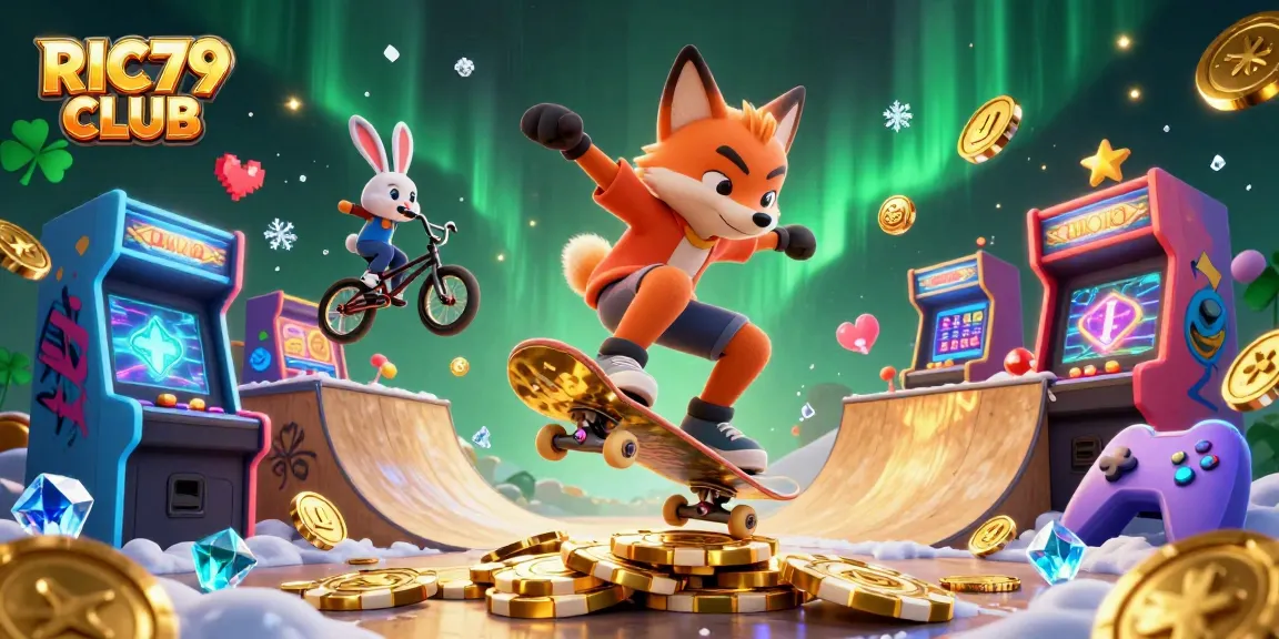Experience thrilling gaming elements at RIC79 CLUB with vibrant casino-inspired 3D illustration.